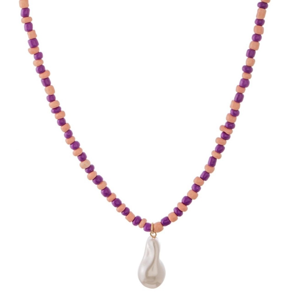 Color Beaded Pearl Drop Necklace in Pink and Purple